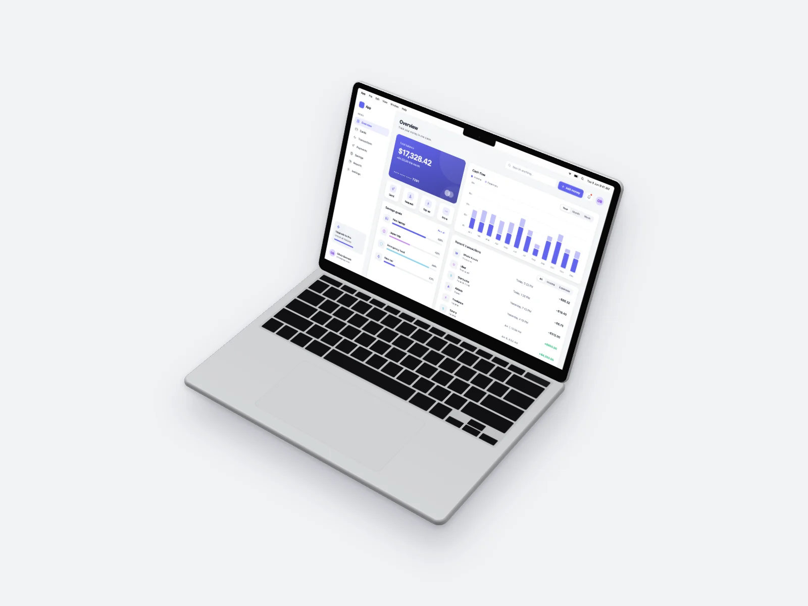 Finance App mockup on MacBook Air 13-inch, isometric