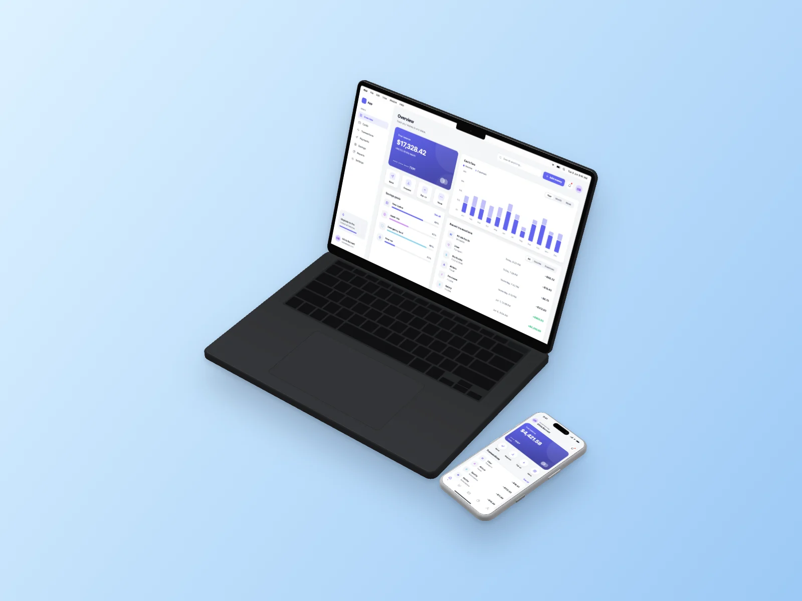 Finance App mockup on MacBook Pro 14-inch and iPhone 17 Pro, isometric