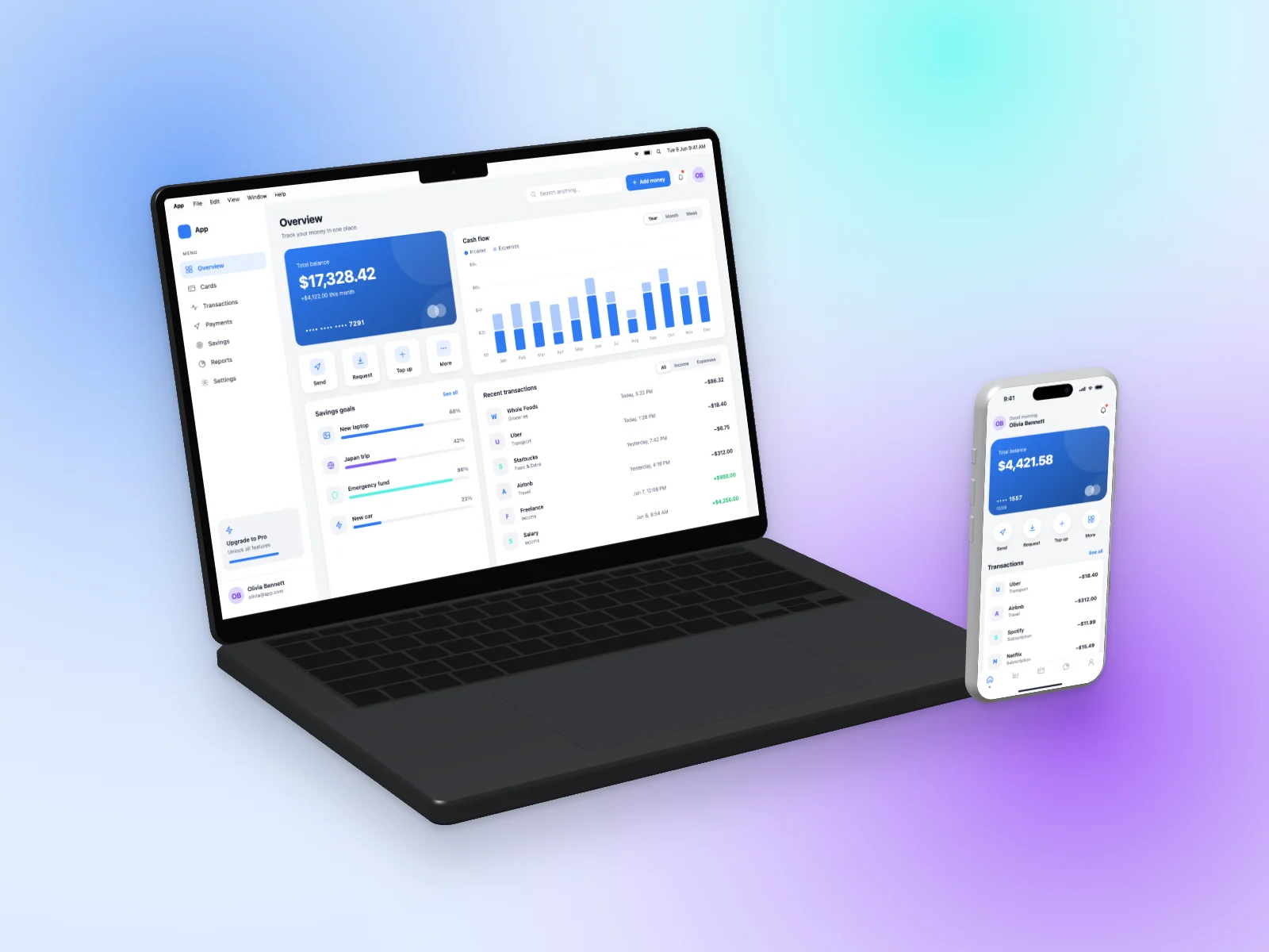Finance App mockup on MacBook Pro 14-inch and iPhone 17 Pro, left angle
