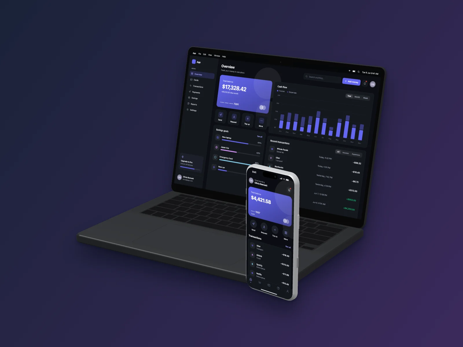 Finance App mockup on MacBook Pro 14-inch and iPhone 17 Pro, right angle, dark mode