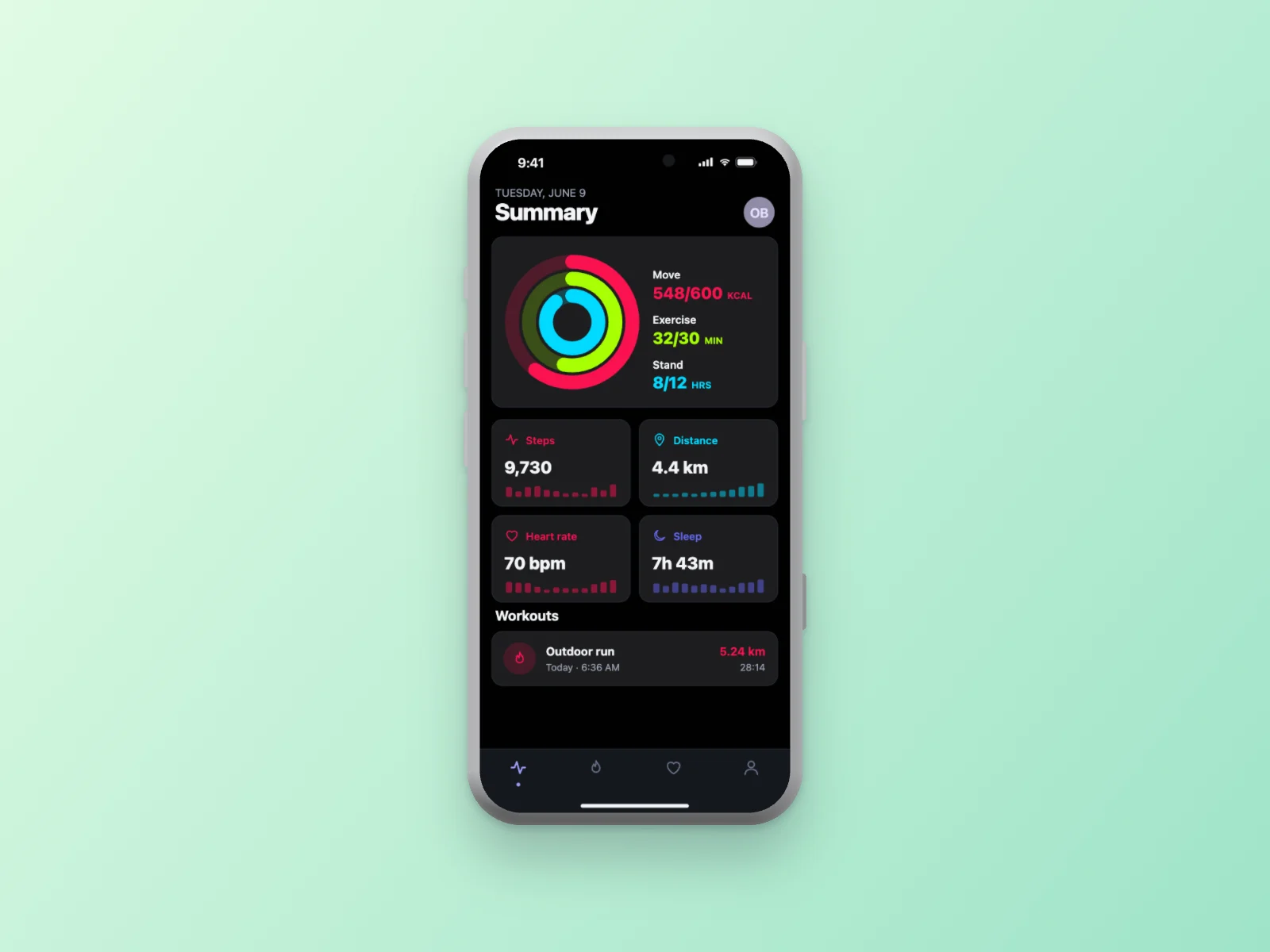 Fitness App mockup on iPhone 17 Pro, dark mode
