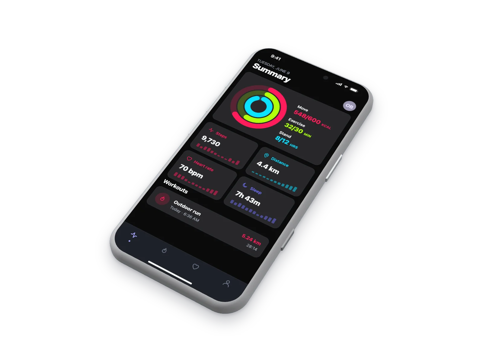 Fitness App mockup on iPhone 17 Pro, isometric, dark mode