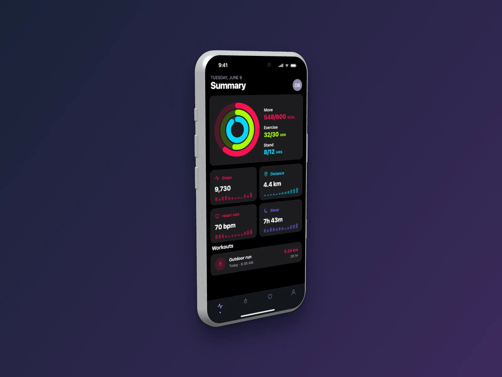 Fitness App mockup on iPhone 17 Pro, left angle, dark mode