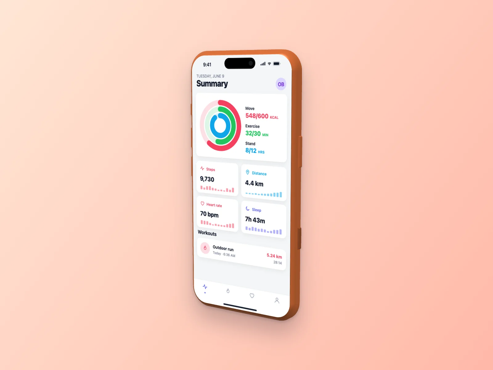Fitness App mockup on iPhone 17 Pro, right angle