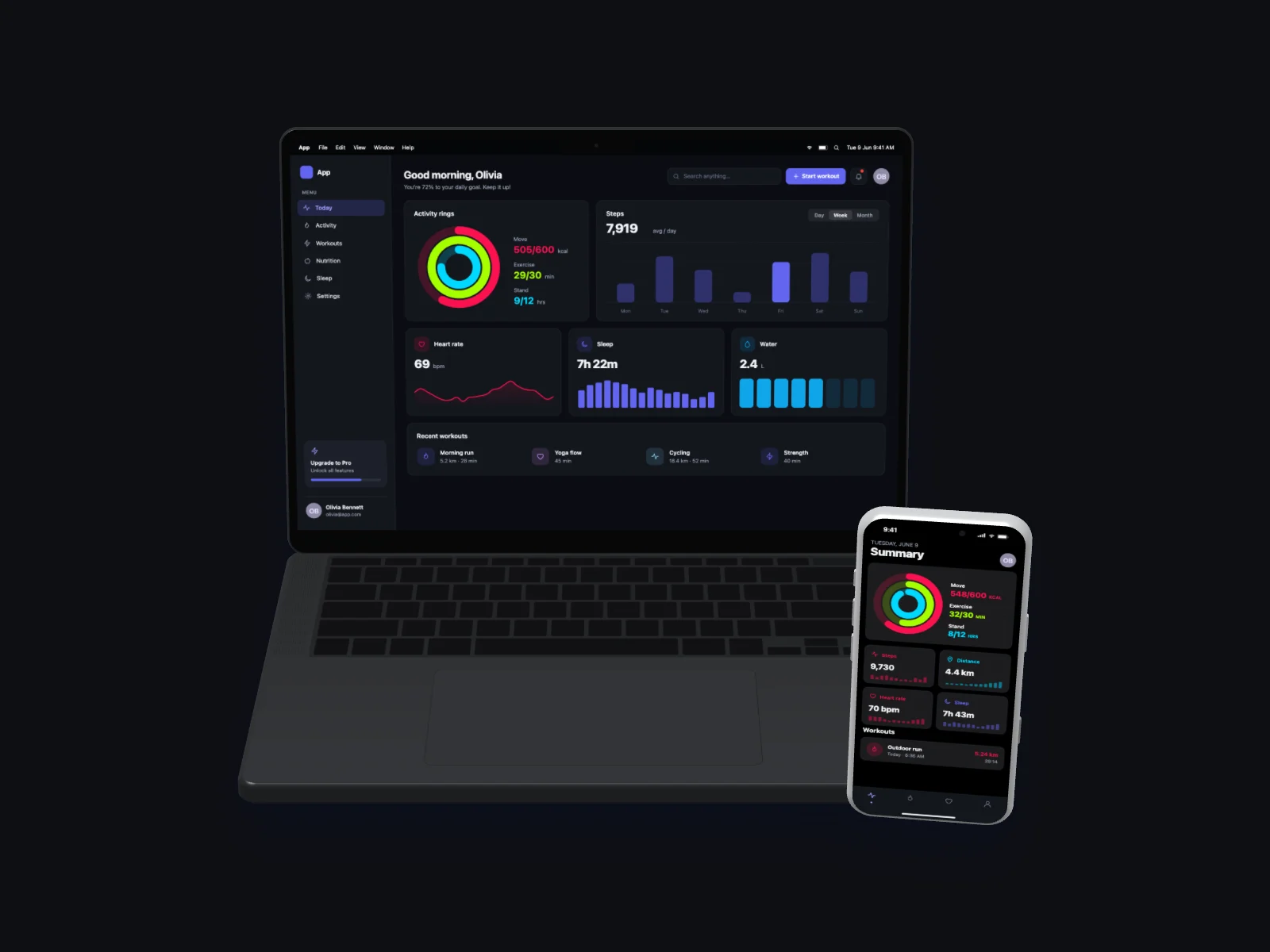 Fitness App mockup on MacBook Pro 14-inch and iPhone 17 Pro, floating 3D, dark mode