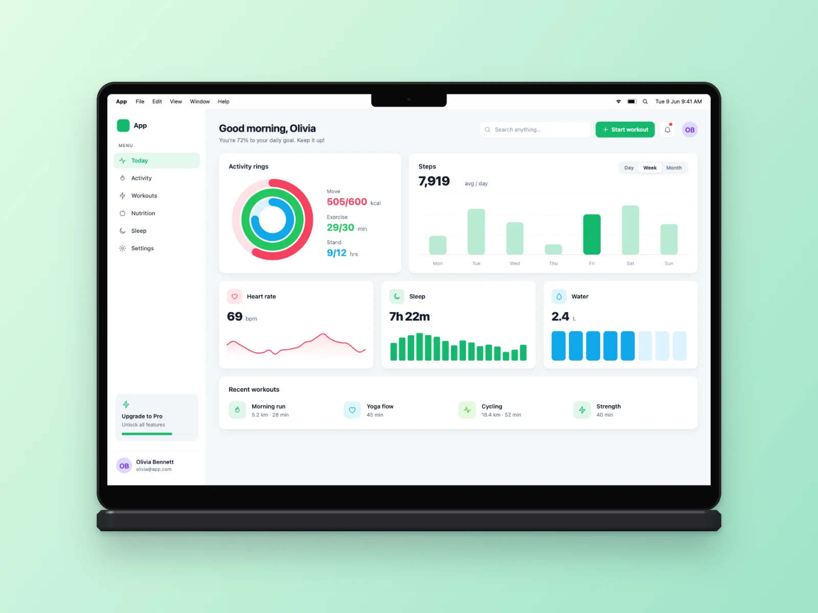 Fitness App mockup on MacBook Pro 14-inch