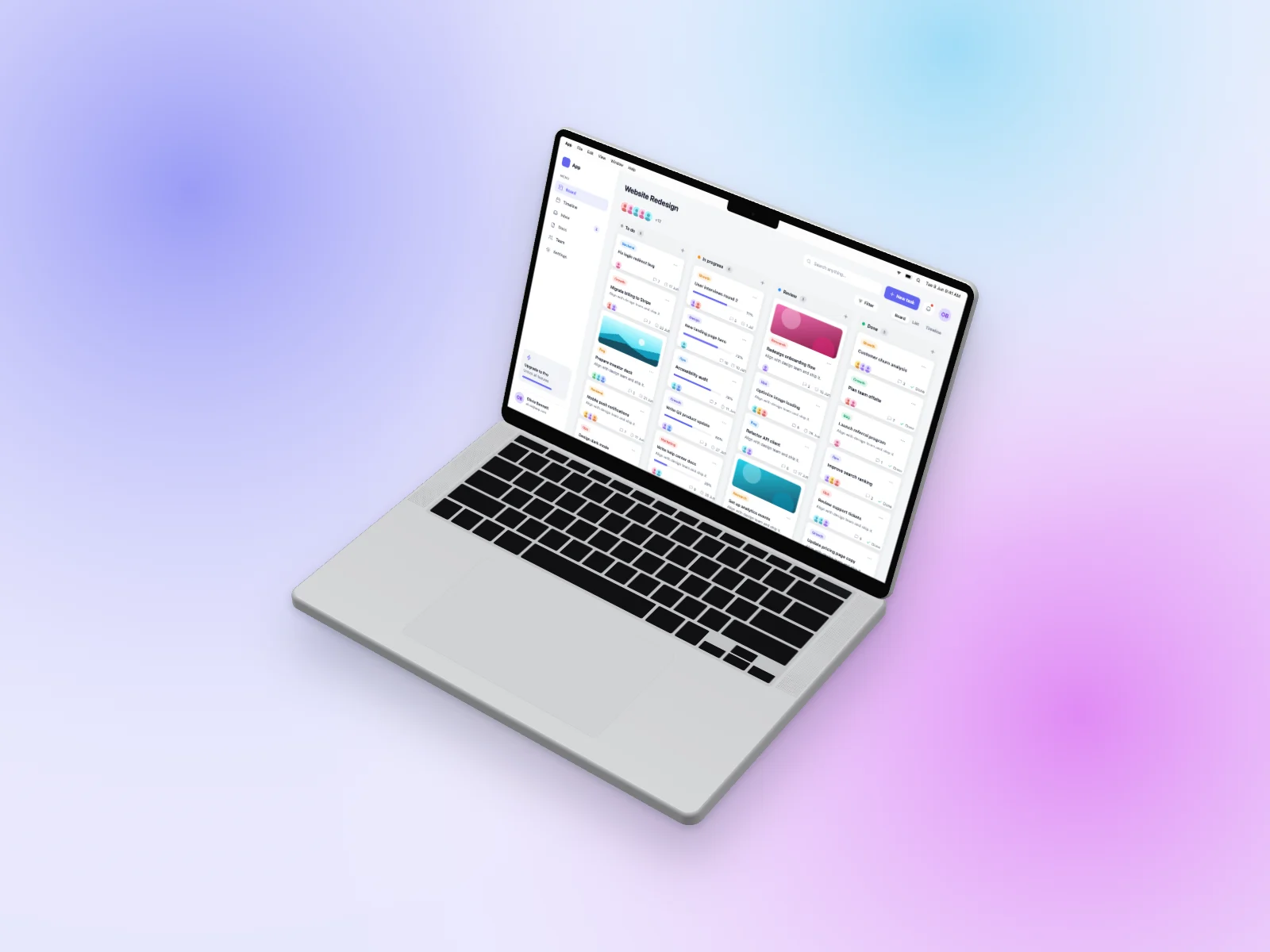Kanban Board mockup on MacBook Pro 14-inch, isometric, mesh gradient