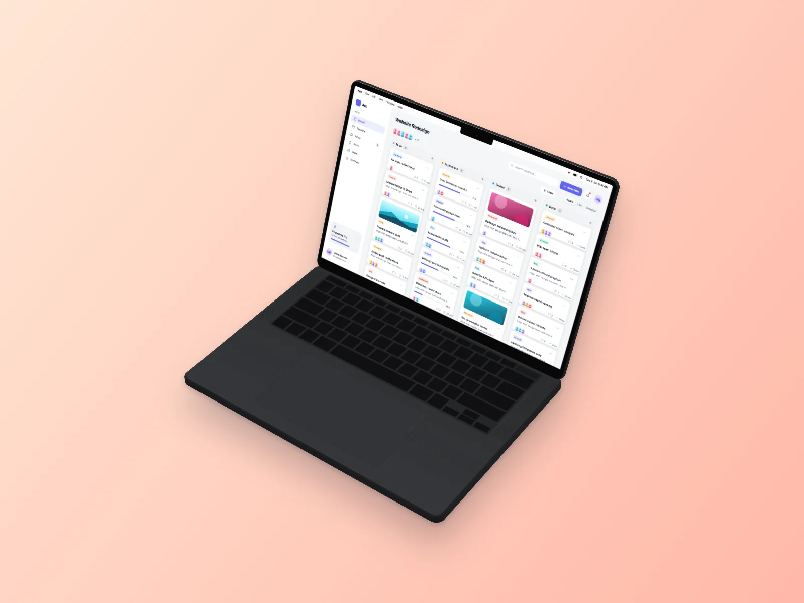 Kanban Board mockup on MacBook Pro 14-inch, isometric, peach