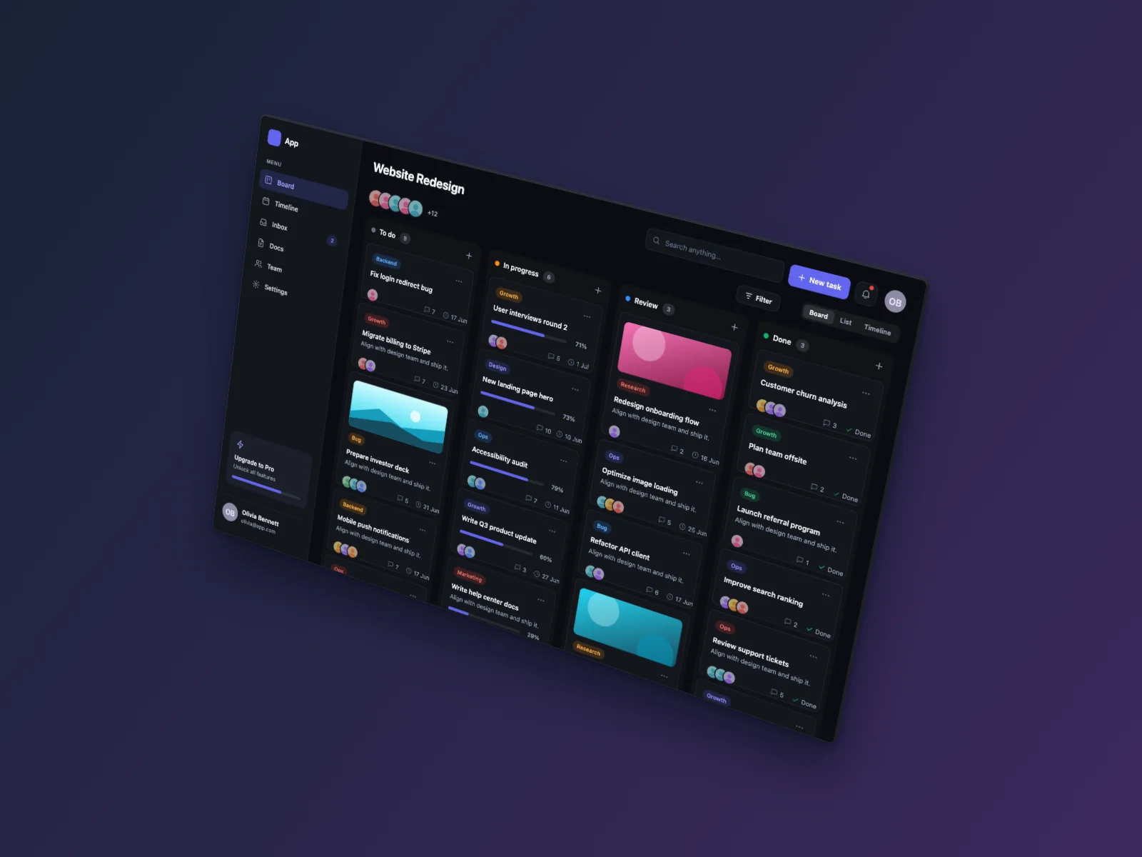 Kanban Board UI screenshot, floating 3D, dark mode