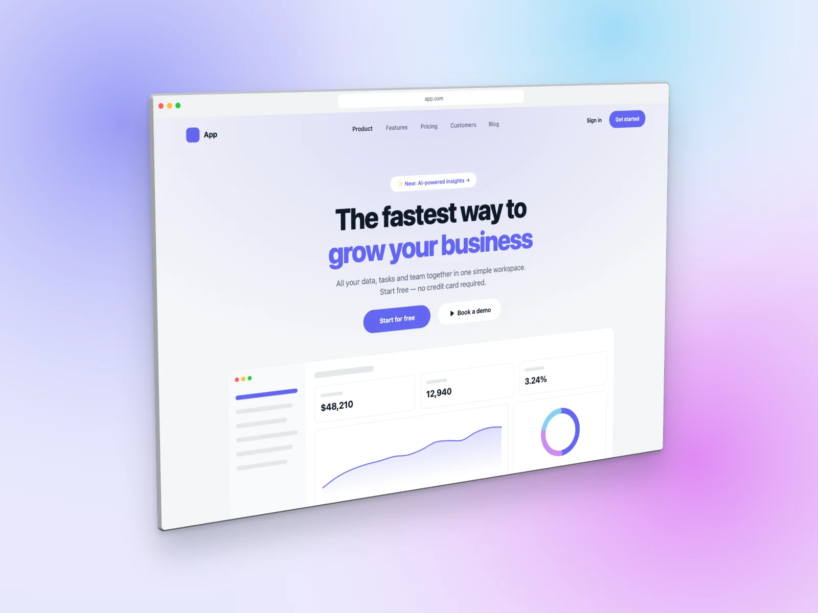 Landing Page mockup on Browser Window, left angle
