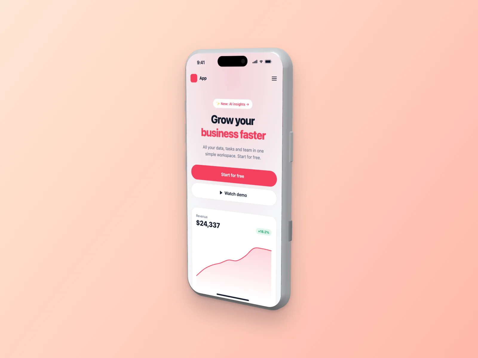 Landing Page mockup on iPhone 17 Pro, right angle