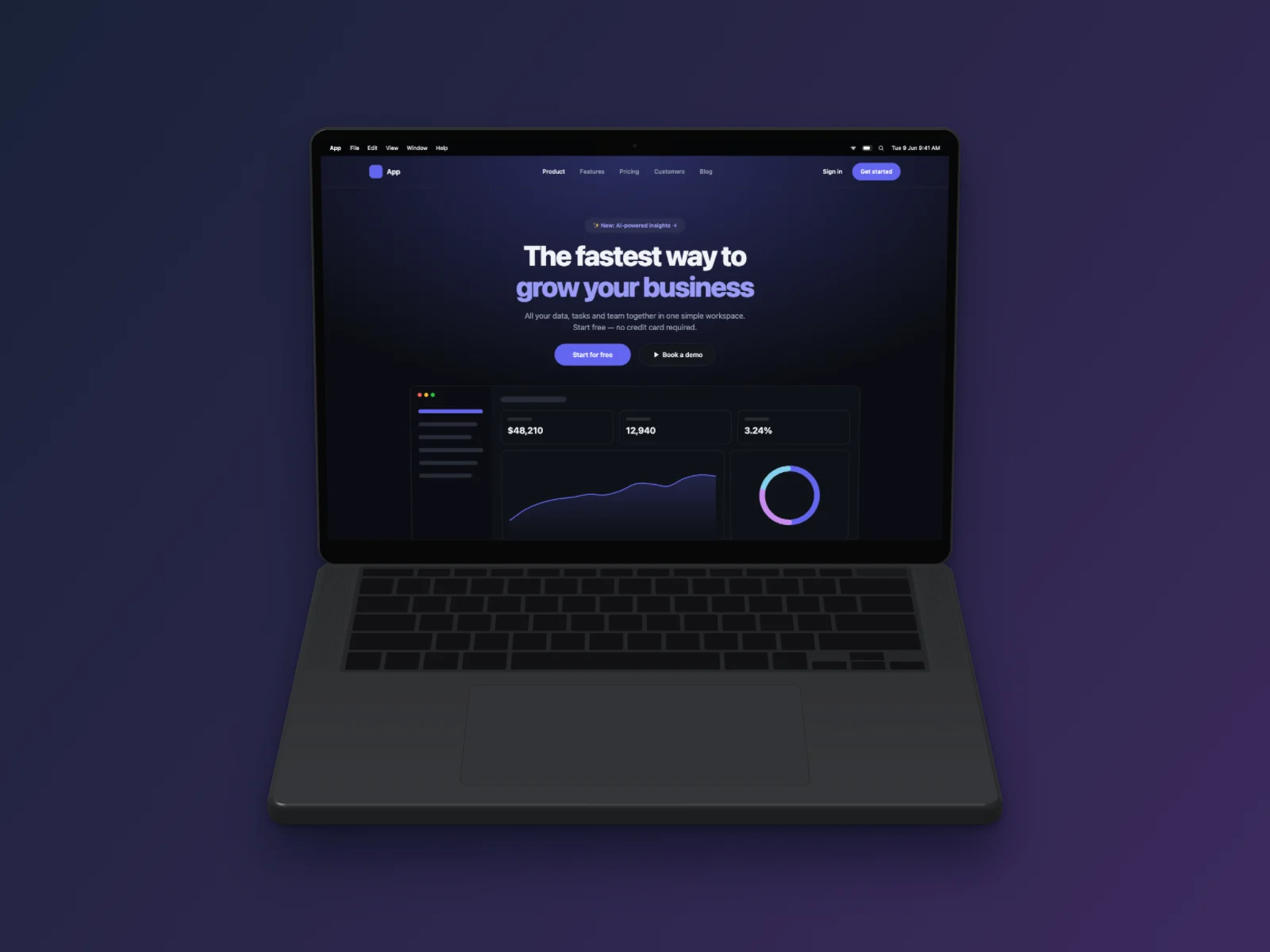 Landing Page mockup on MacBook Pro 14-inch, floating 3D, dark mode