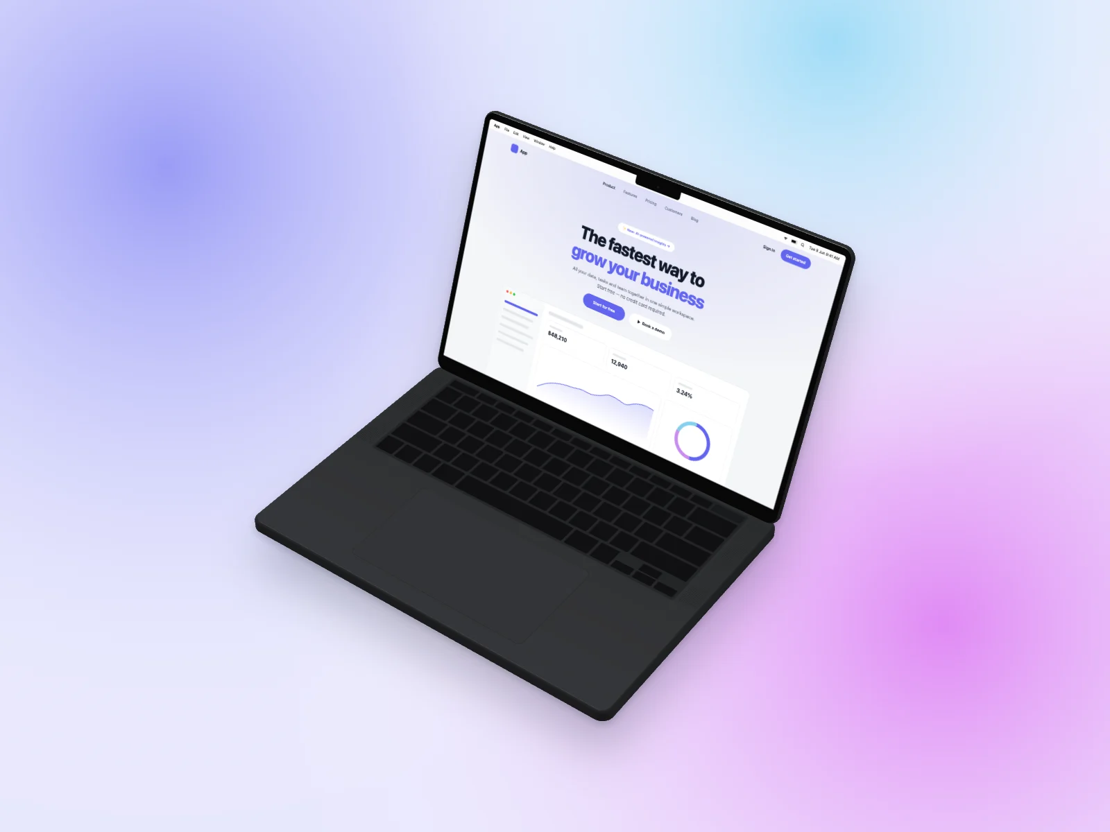 Landing Page mockup on MacBook Pro 14-inch, isometric