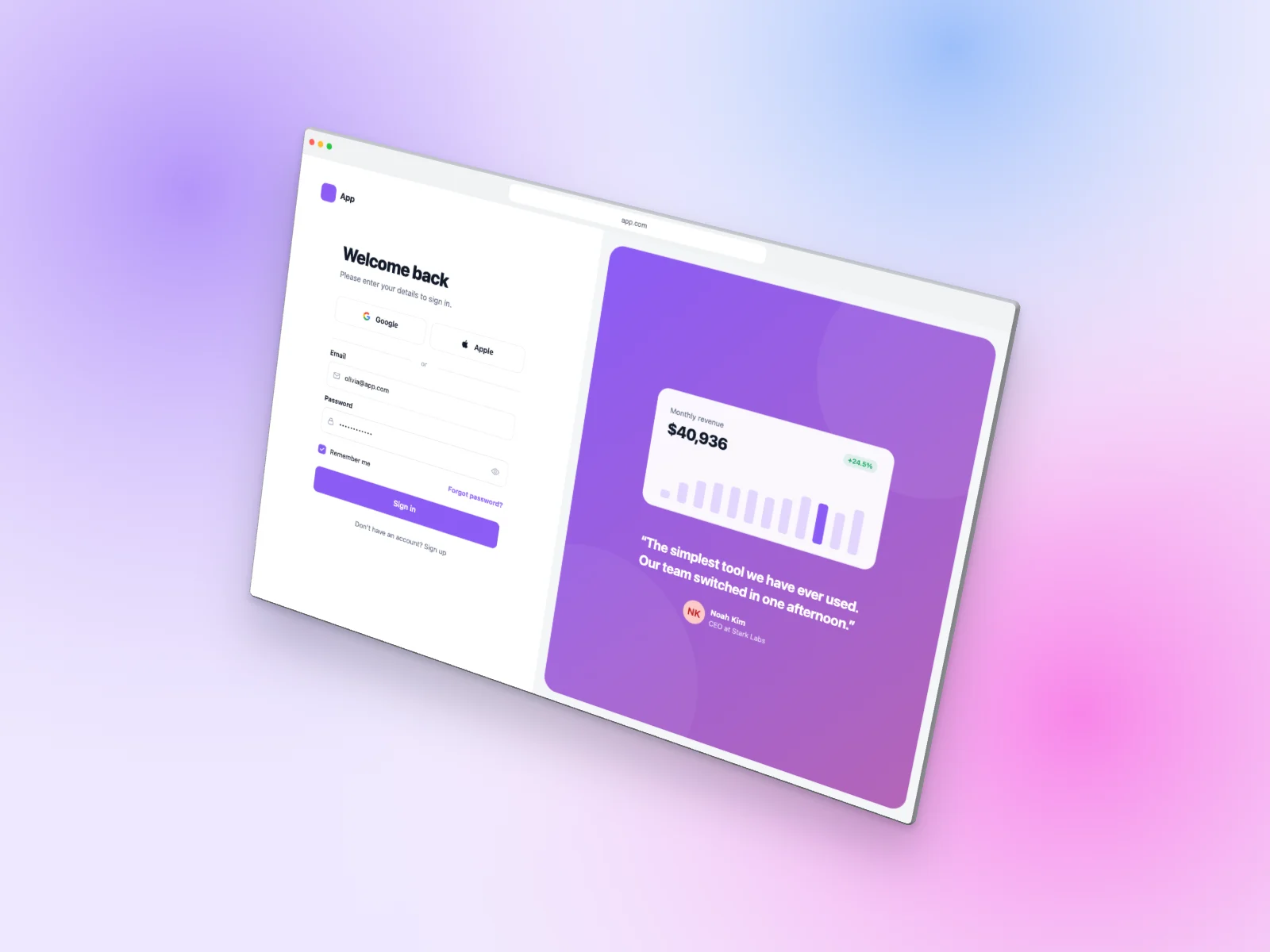 Login Page mockup on Browser Window, floating 3D