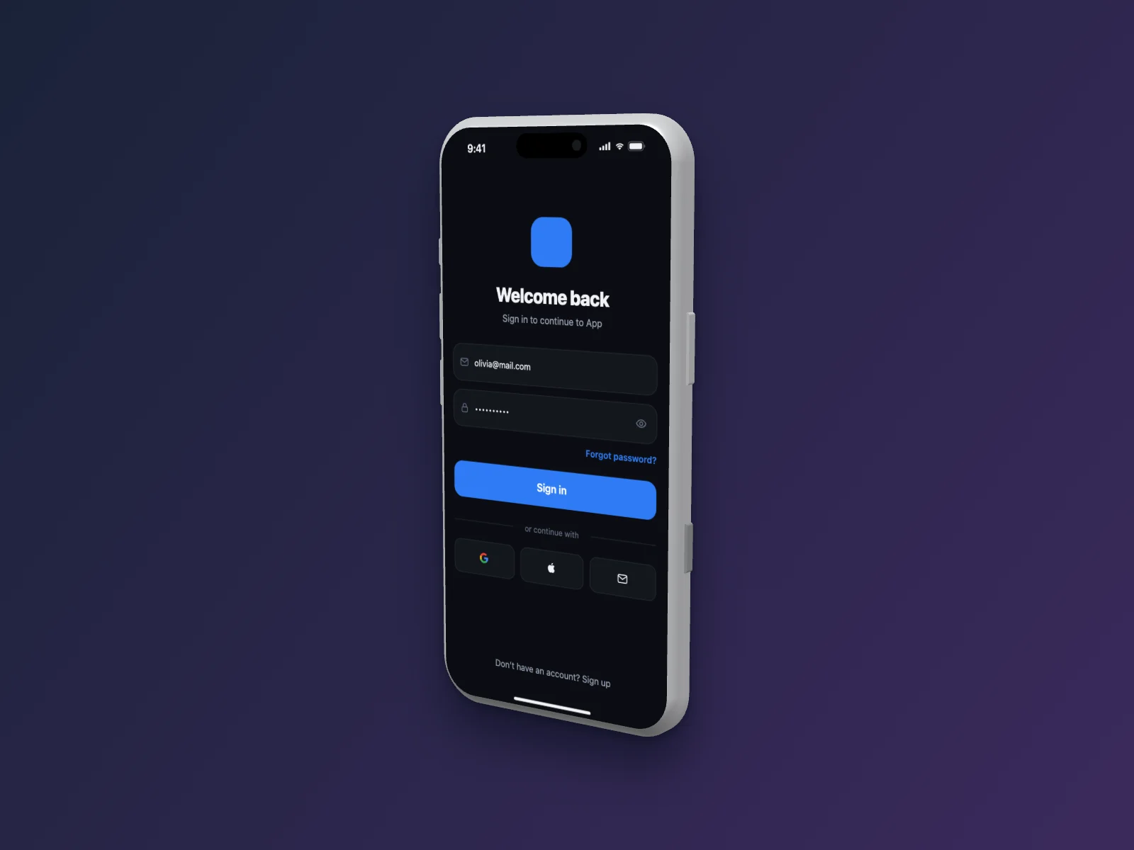 Login Page mockup on iPhone 17 Pro, right angle, dark mode