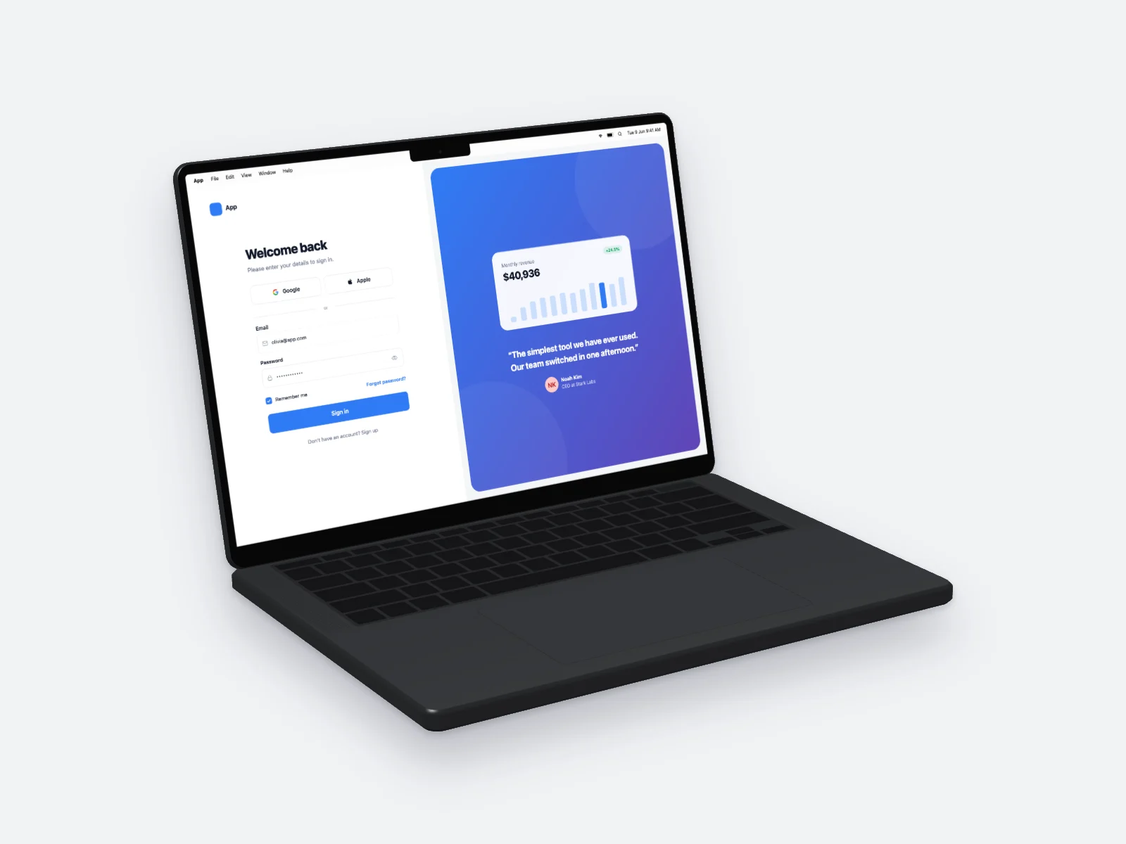 Login Page mockup on MacBook Pro 14-inch, left angle
