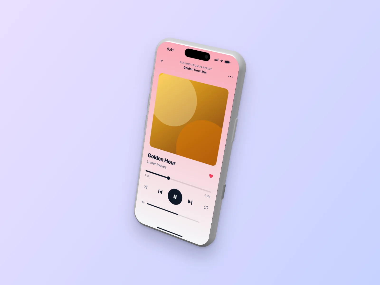 Music Player mockup on iPhone 17 Pro, floating 3D, lavender