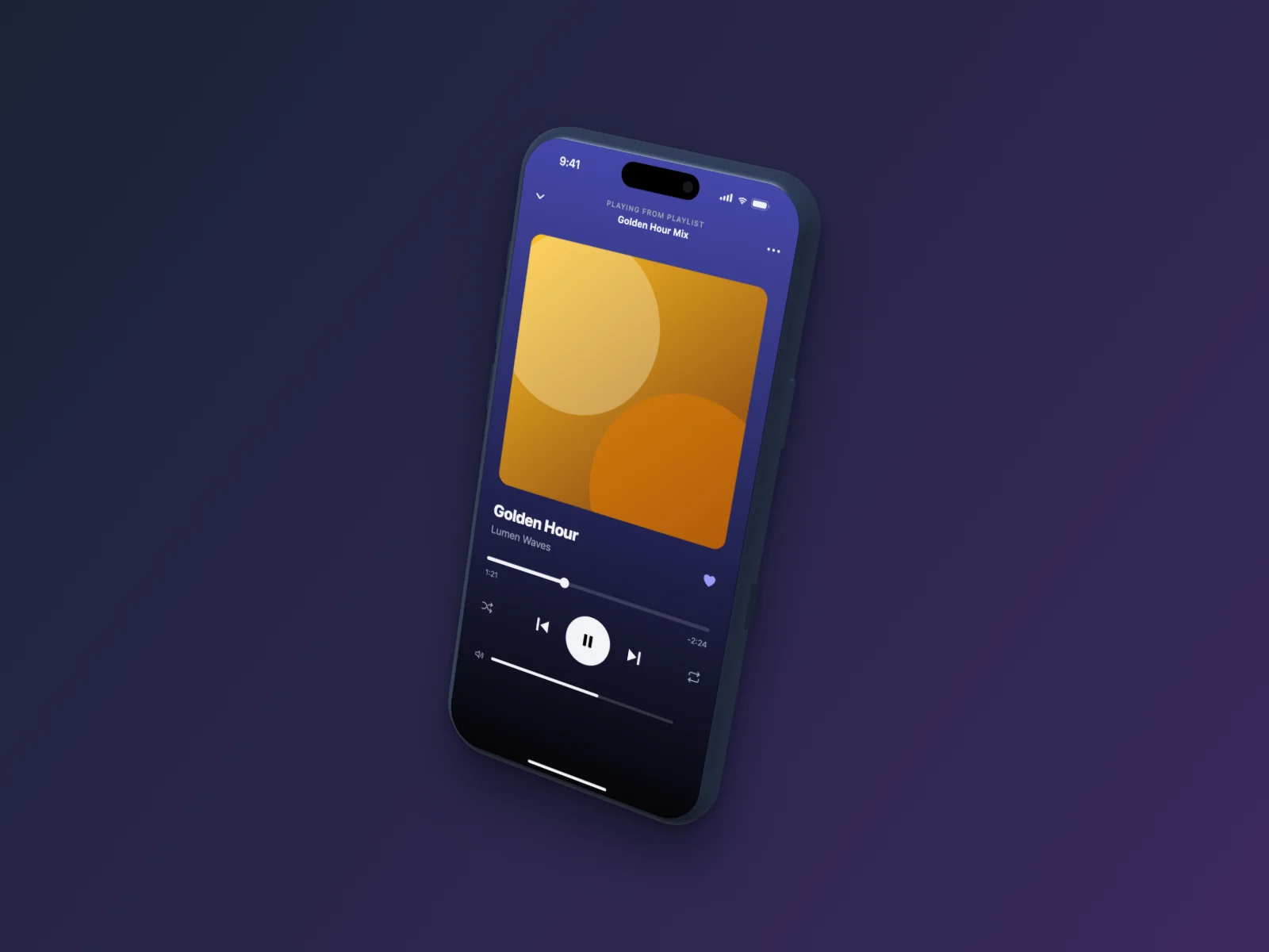 Music Player mockup on iPhone 17 Pro Max, floating 3D, dark mode