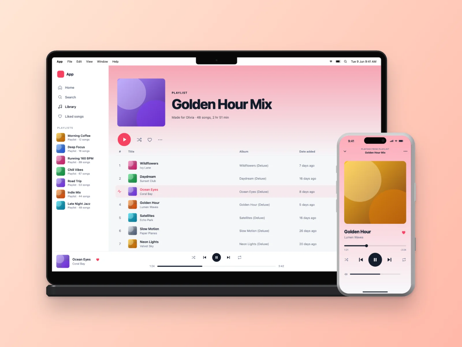 Music Player mockup on MacBook Pro 14-inch and iPhone 17 Pro