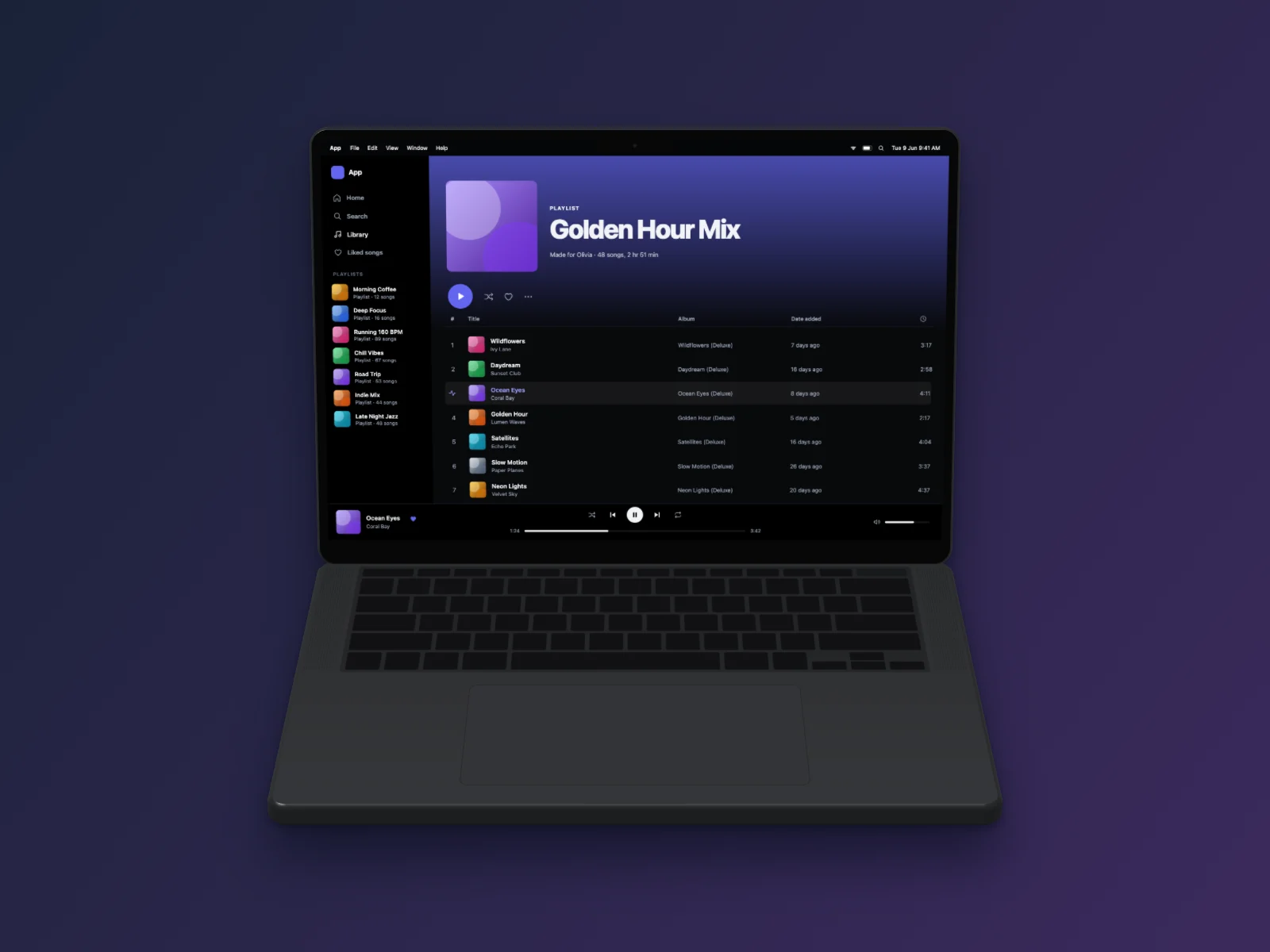 Music Player mockup on MacBook Pro 14-inch, floating 3D, dark mode