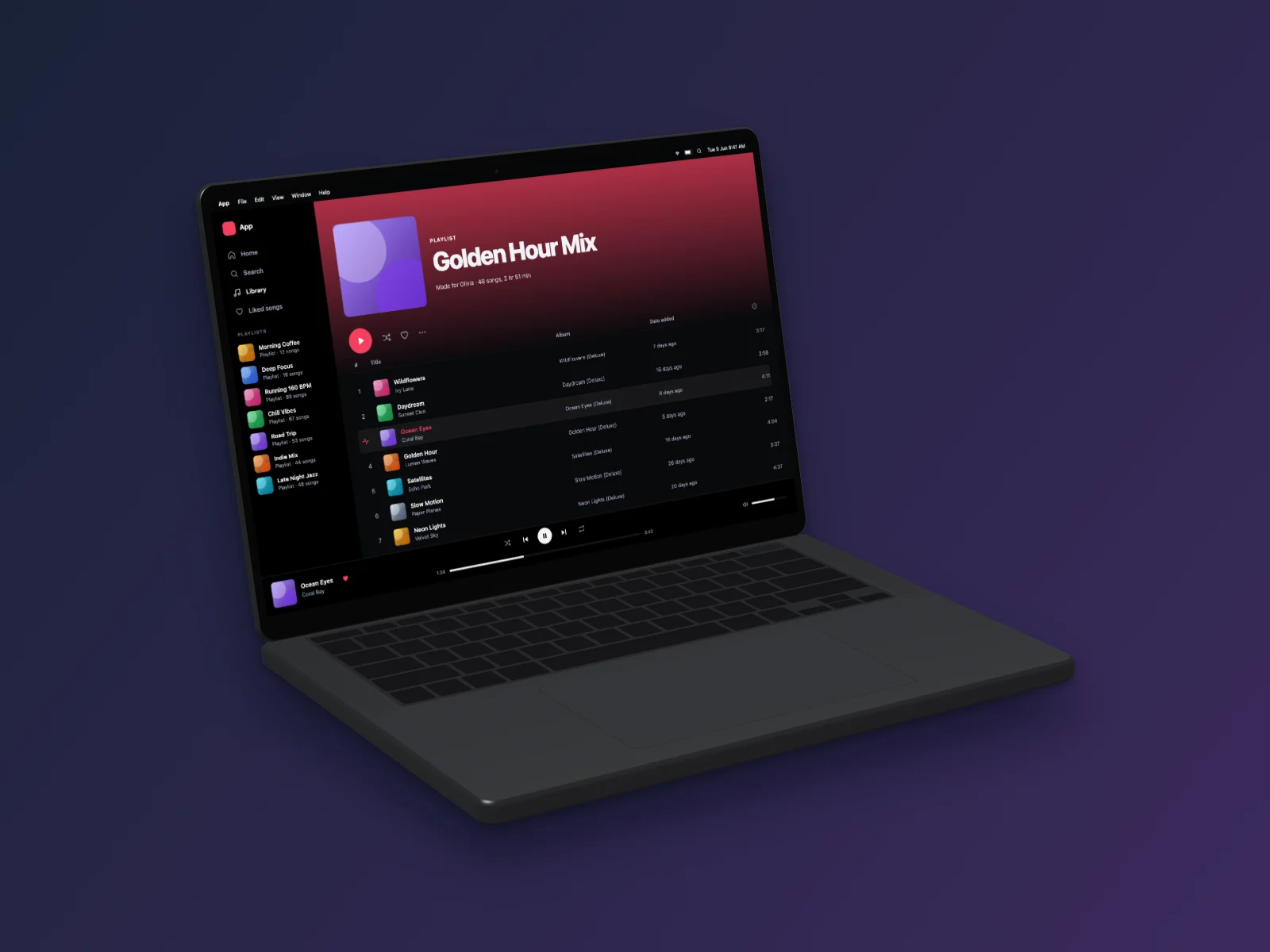 Music Player mockup on MacBook Pro 14-inch, left angle, dark mode