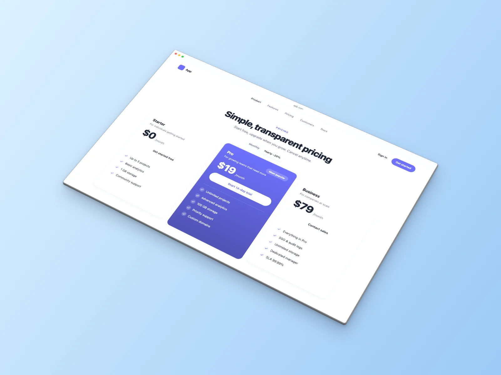 Pricing Page mockup on Browser Window, isometric