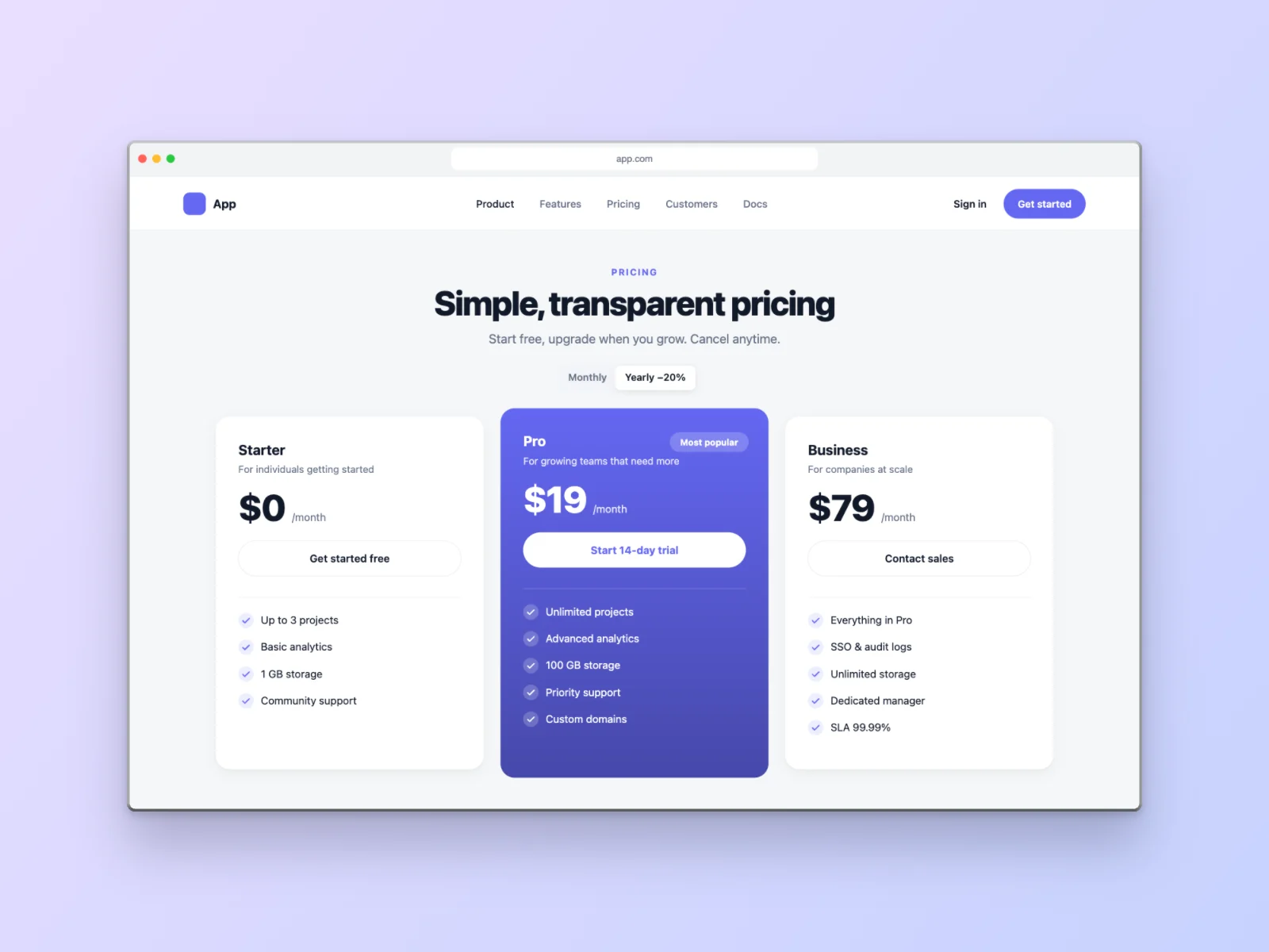 Pricing Page mockup on Browser Window