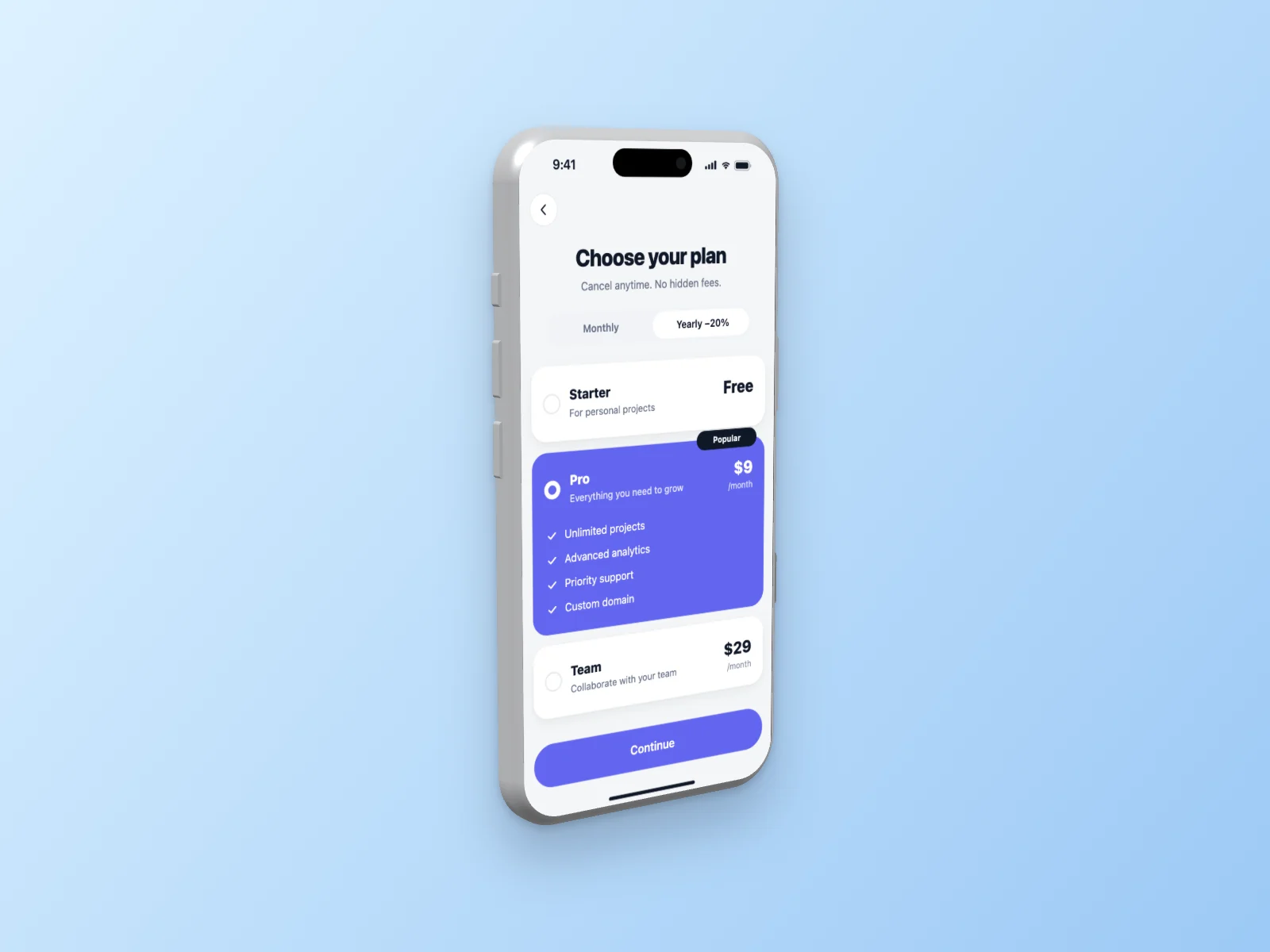 Pricing Page mockup on iPhone 17 Pro, left angle
