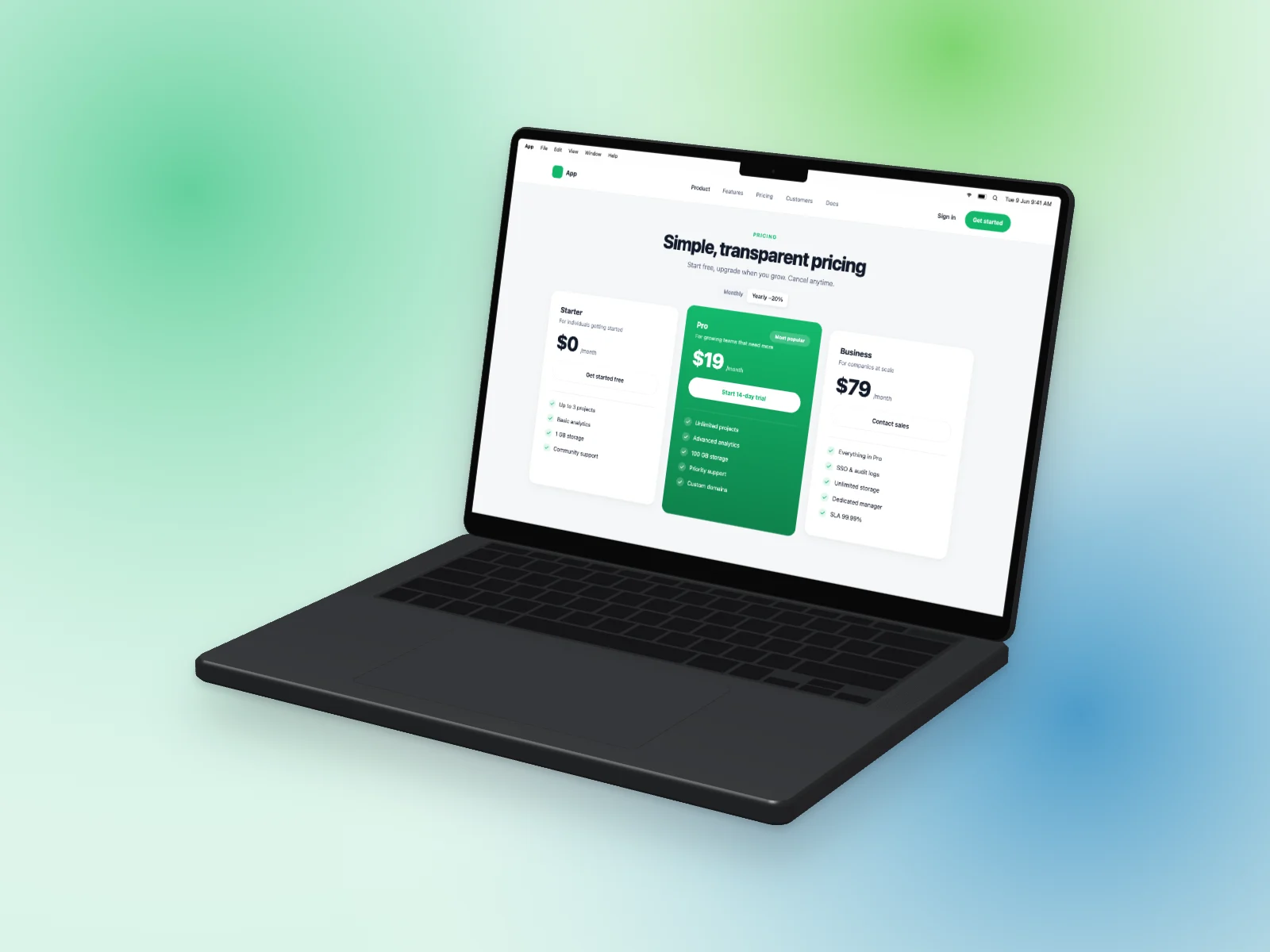Pricing Page mockup on MacBook Pro 14-inch, right angle