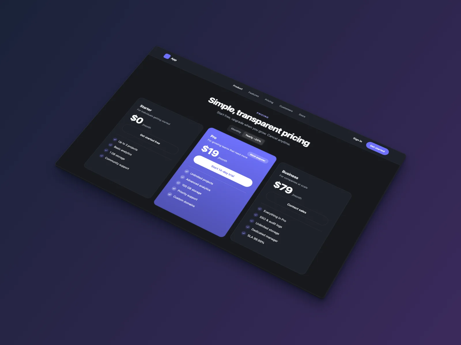 Pricing Page UI screenshot, isometric, dark mode