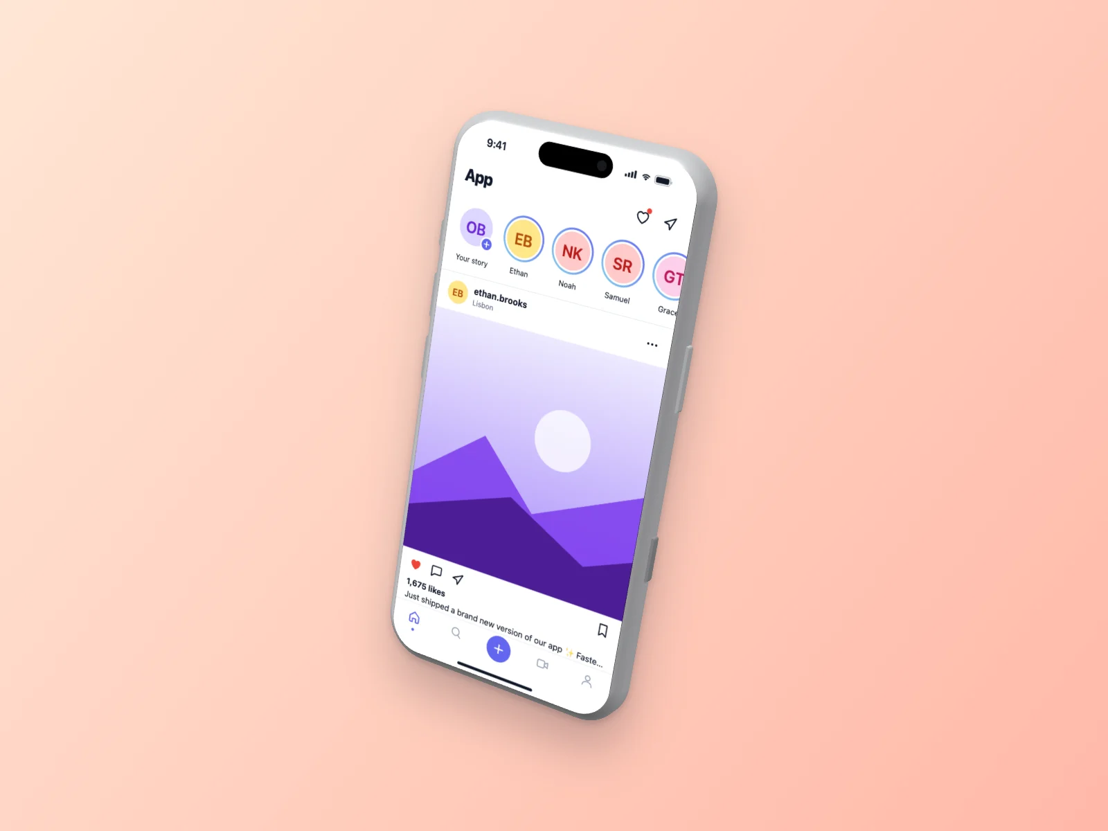 Social Media App mockup on iPhone 17 Pro, floating 3D, peach