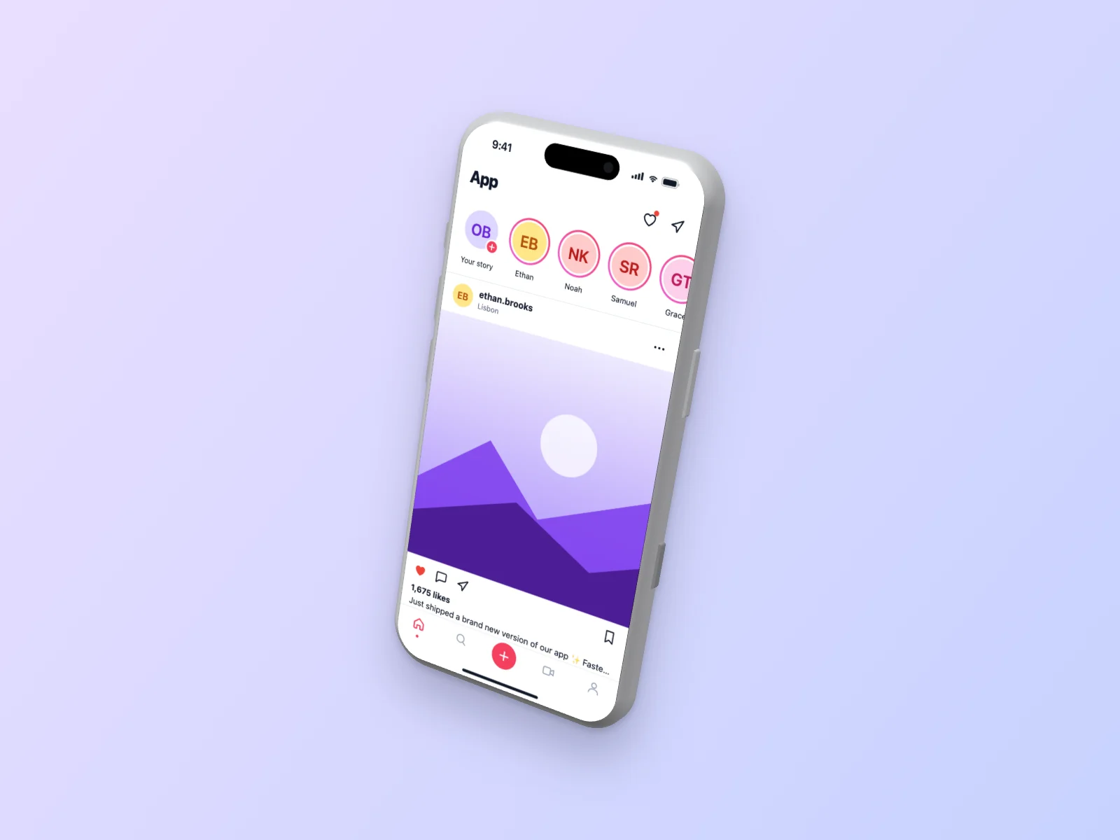 Social Media App mockup on iPhone 17 Pro, floating 3D