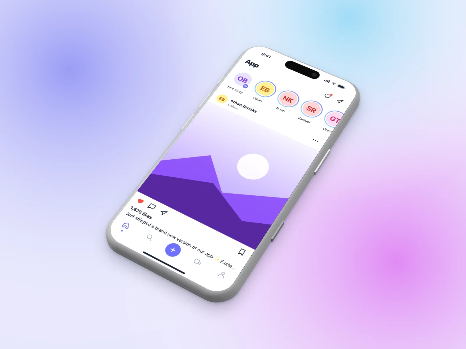 Social Media App mockup on iPhone 17 Pro, isometric, mesh gradient