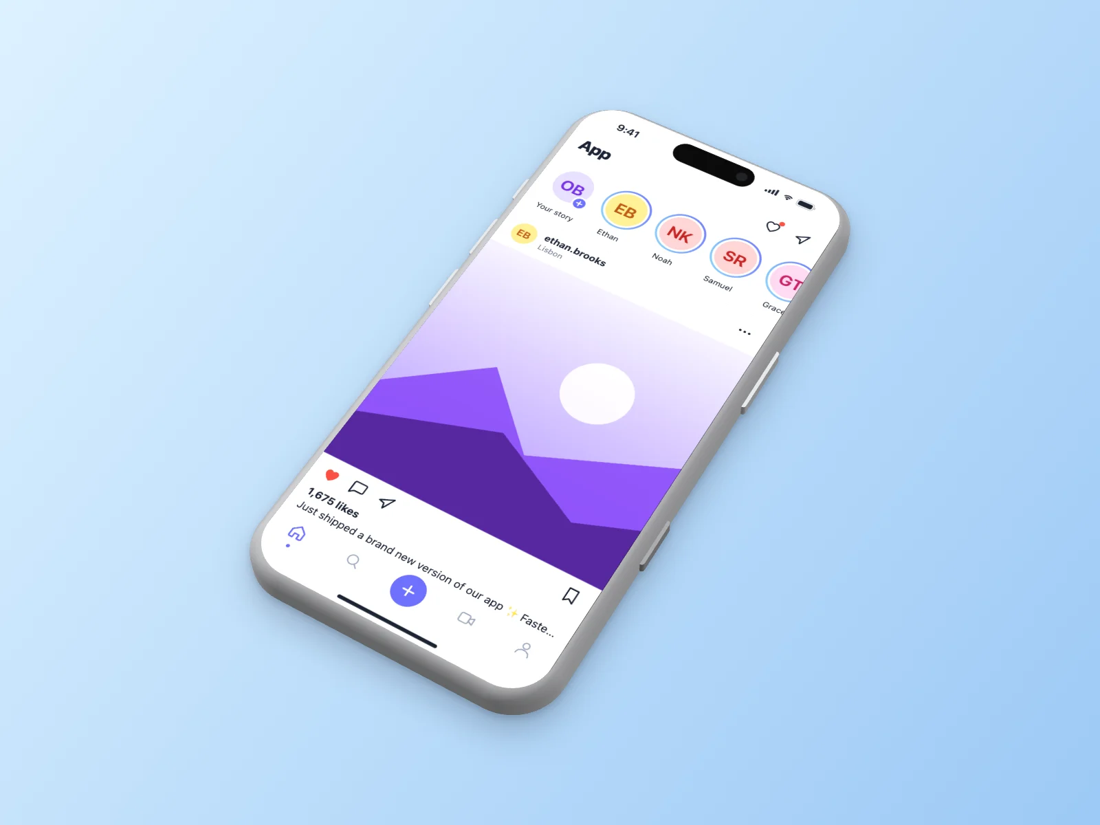 Social Media App mockup on iPhone 17 Pro, isometric