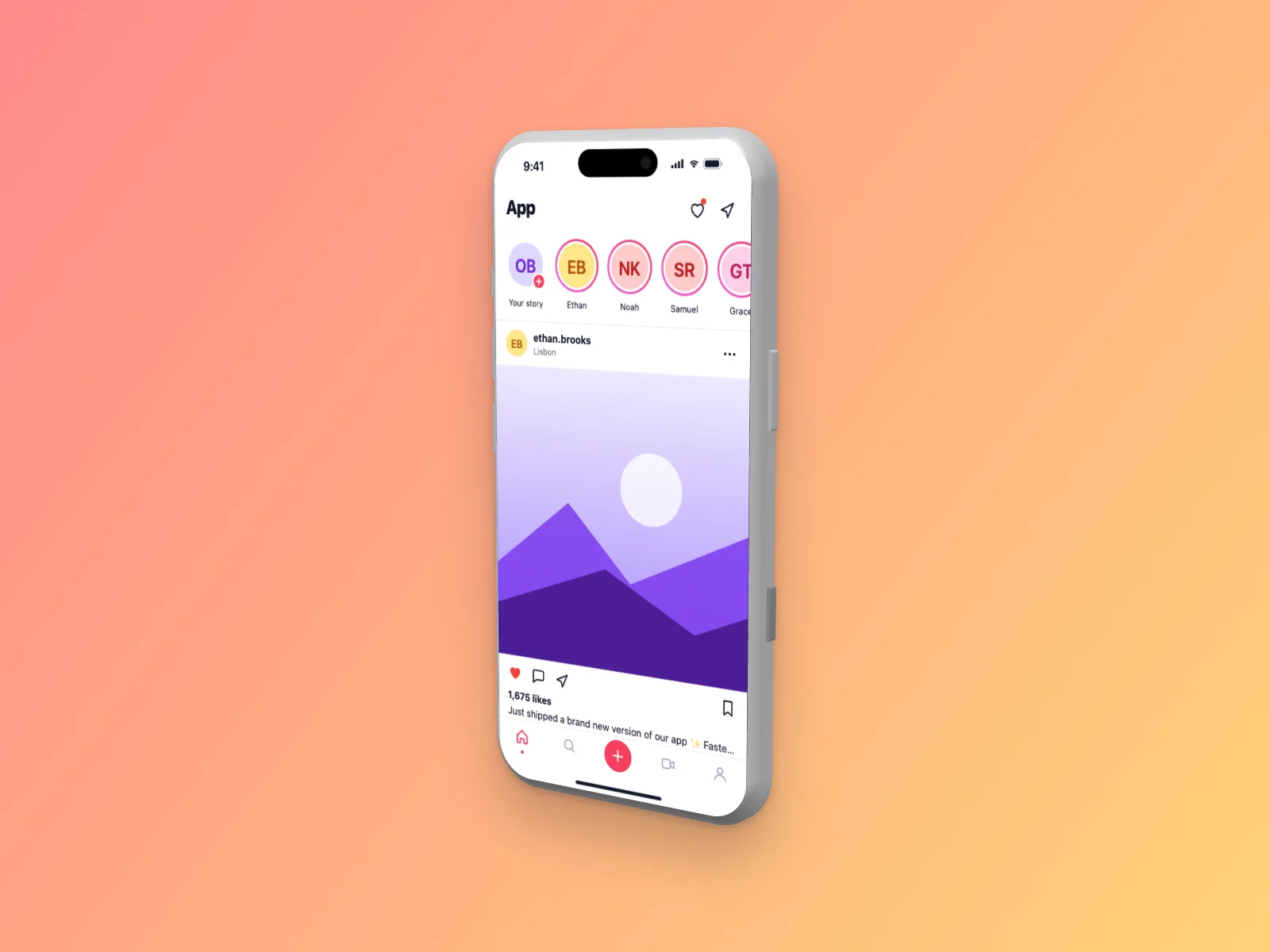Social Media App mockup on iPhone 17 Pro, right angle