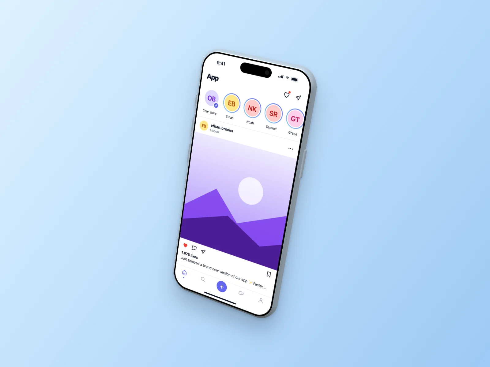 Social Media App mockup on iPhone Air, floating 3D