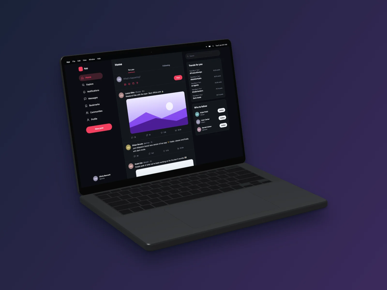 Social Media App mockup on MacBook Pro 14-inch, left angle, dark mode