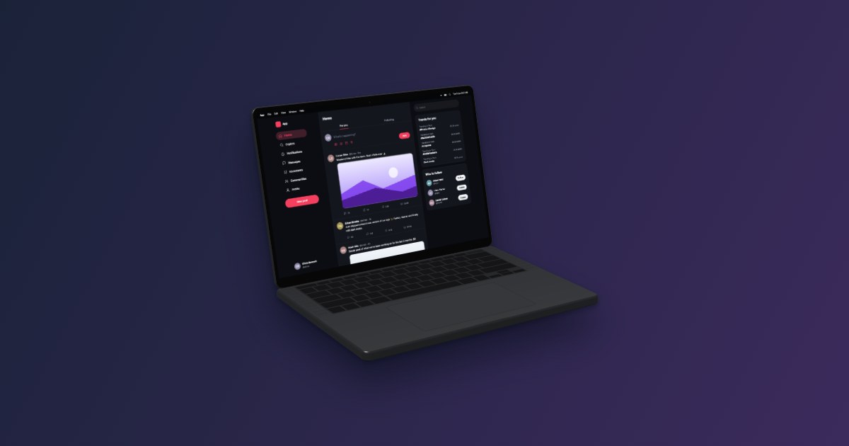 Social Media App on MacBook Pro 14″ Mockup (Left Angle, Dark)